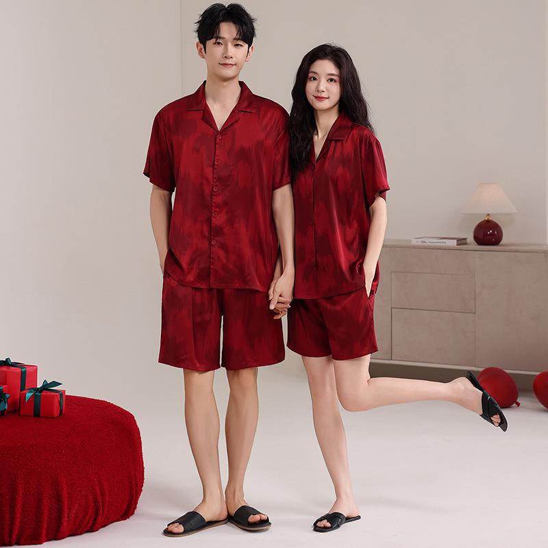 Spring and summer pajamas wedding couple suit ice silk short-sleeved shorts red natal year festive loungewear women