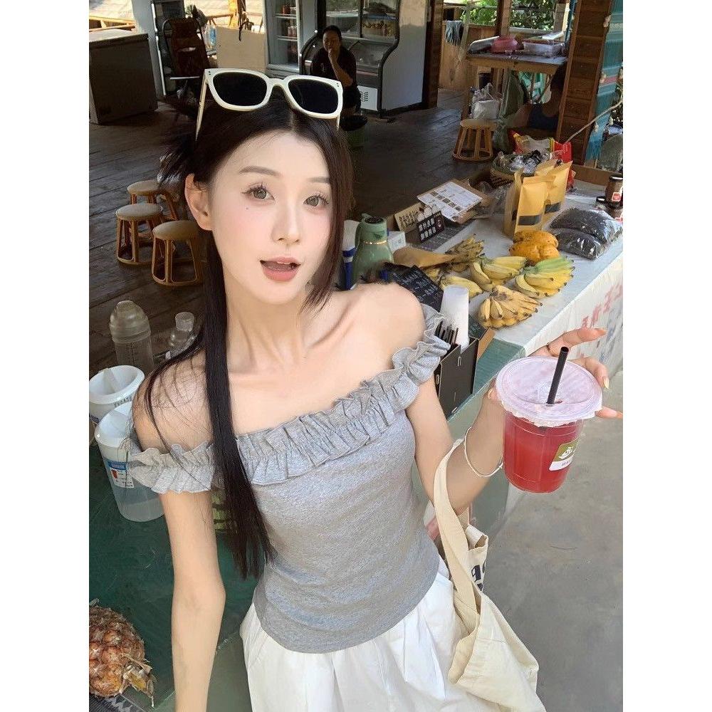 

Gray pure desire shoulder T-shirt women s summer new design fungus edge slim sweet Spice Girl top xl ( 55-60kg )