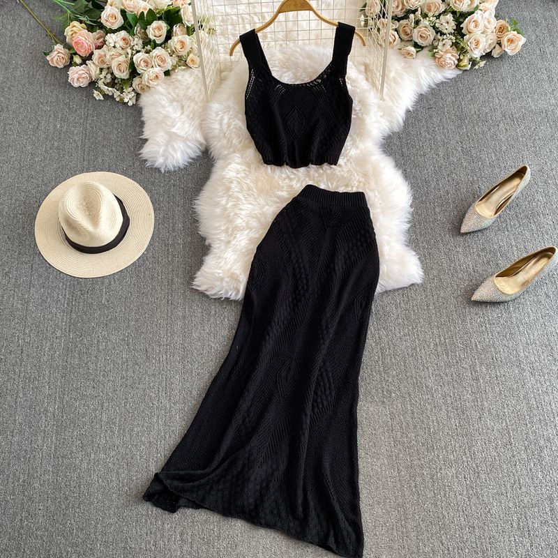 

Women s Summer Niche Style Cut Out Jacquard Hip Knitwear Suit Black One size