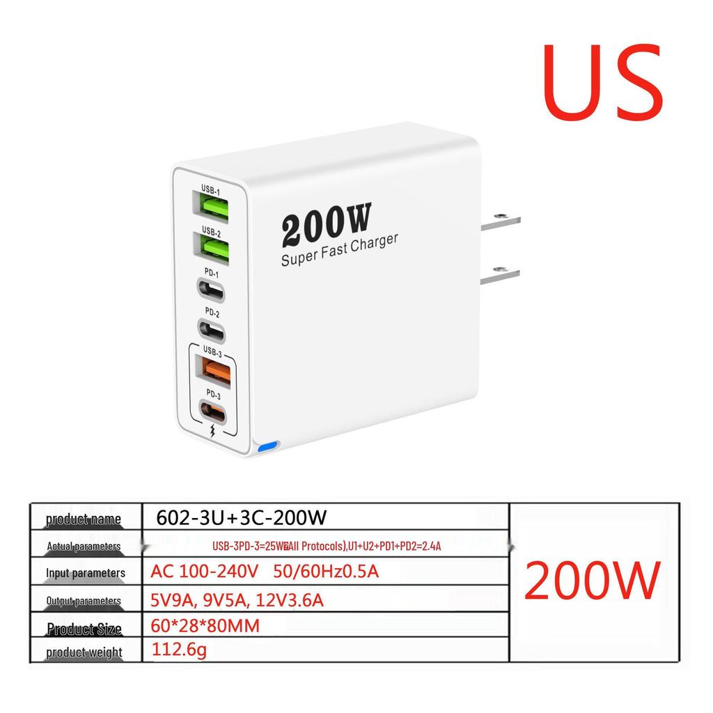 200W Multi-Port Charger - 3 USB & 3 PD Ports, Six-in-One Fast Charging for Phones (5V 2.4A), EU/US/UK Compatible