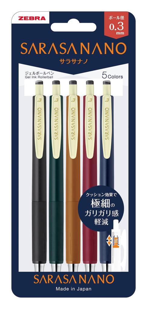 Zebra Sarasa Nano Gel Ballpoint Vintage 0.3mm Pen, 5-Color Set, Colors, JJH72-5C-V