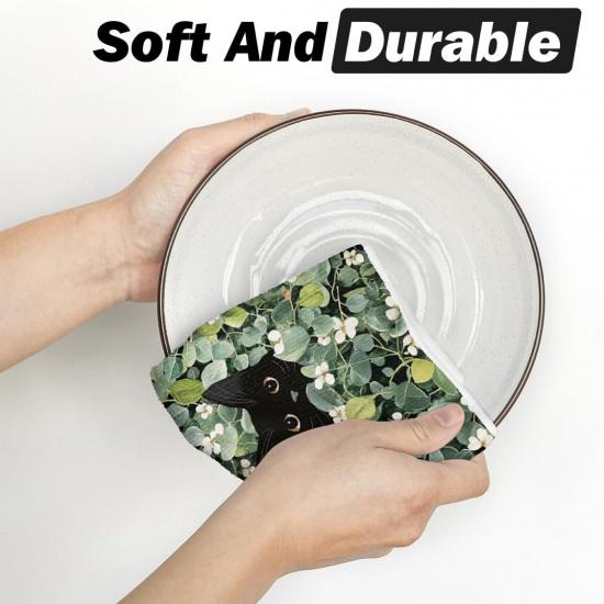 Artoid Mode Green Leaves Wild Flowers Black Cat Spring Kitchen Towels Dish Towels, 18x26 Inch Farmhouse Plants Decoration Hand Towels Set of 2