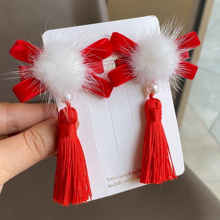 

Children s Mink Fur Ball Hair Clips with Tassels - Ancient Style Hair Accessories for Baby Girls in Qipao and Tang Suit Costumes ярко-красный
