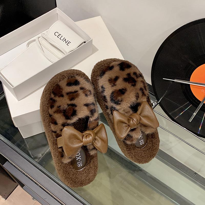 Bow Leopard Print Fluffy Shoes for Women's Outer Wear 2025 Autumn and Winter Sweet and Warm One-pedal Cotton Drag Velvet Bean Shoes
