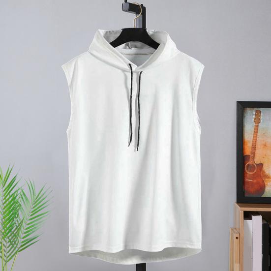 Men Summer Vest Hooded Drawstring Solid Color Loose Pullover Sports Soft Sleeveless Summer Tank Top Male Clothes