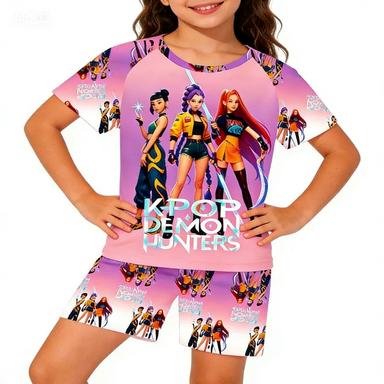 New T-shirt Set for Girls' Summer Clothing with Printed Design, Cartoon Fashion, Comfortable Children's Set