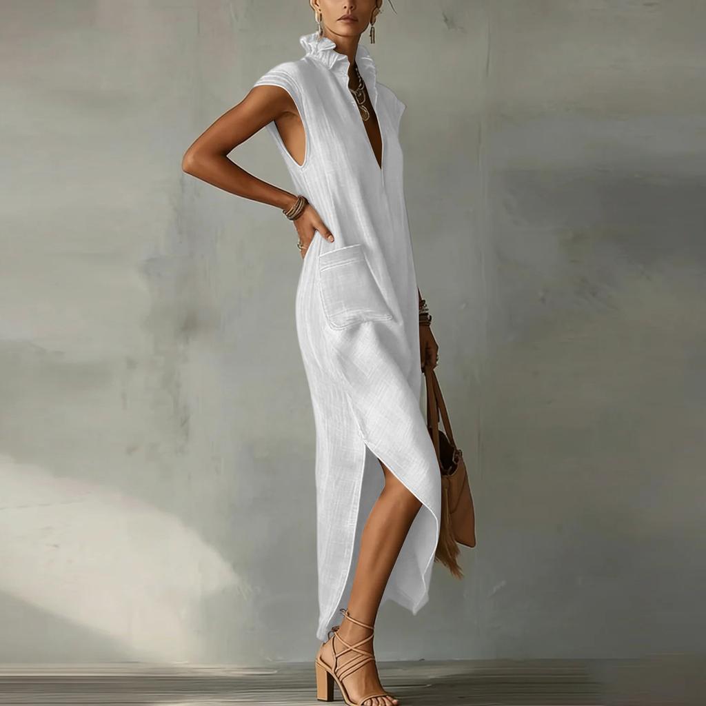 Ladies' Fashionable And Casual Cotton Linen Sleeveless Loose V-neck Dress