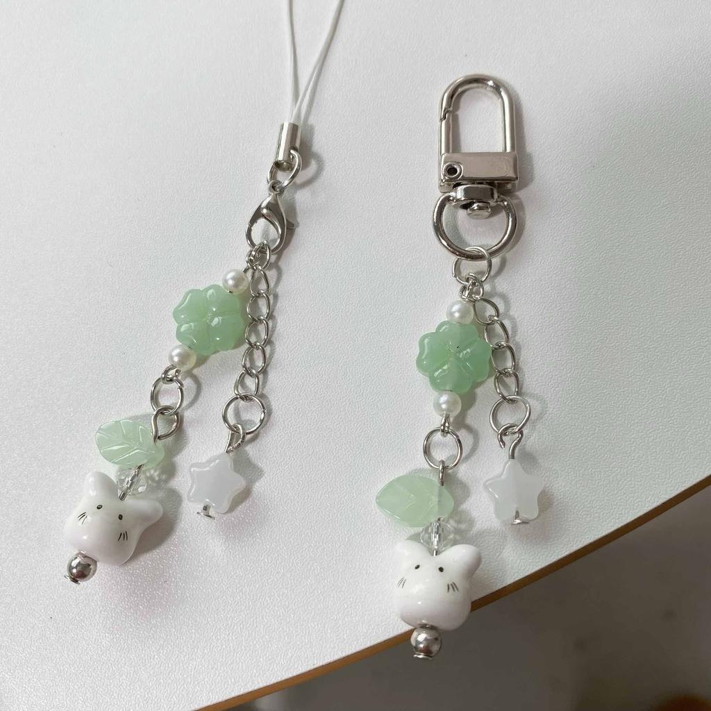 Handmade Four Leaf Clover Beaded Phone Charm Y2K Cute Ceramics Cat Backpack Keychain Bag Key Ring for Girls Christmas Gift