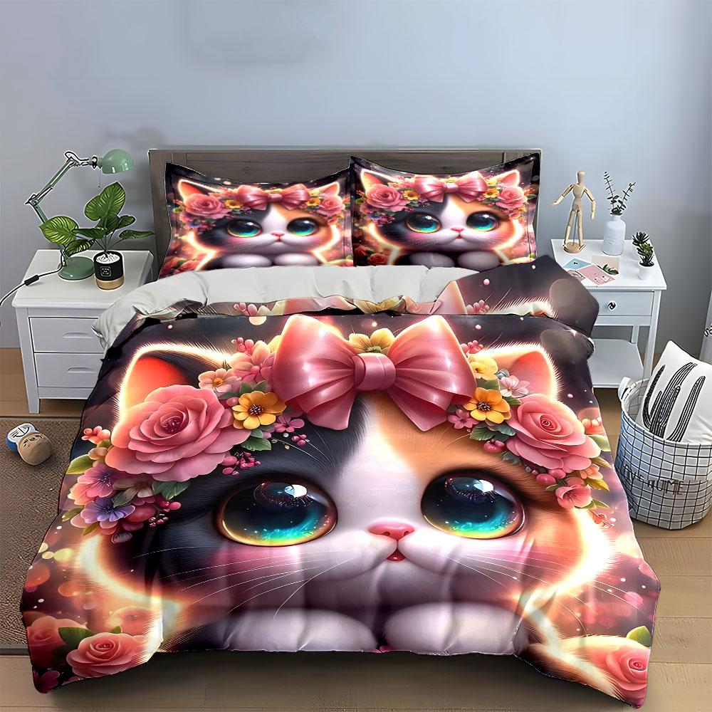 Cute Cat with Floral Crown Bedding Duvet Cover Set (1*Duvet Cover 2*Pillowcases, Without Duvet Insert)