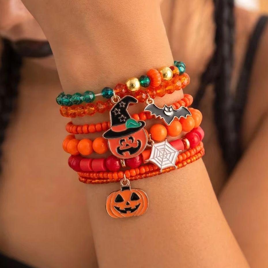 Halloween Spider Bat Multi-layer Stacked Bracelets Set for Women Pumpkin Boo Rice Beaded Bracelets Party Festival Jewelry Gifts