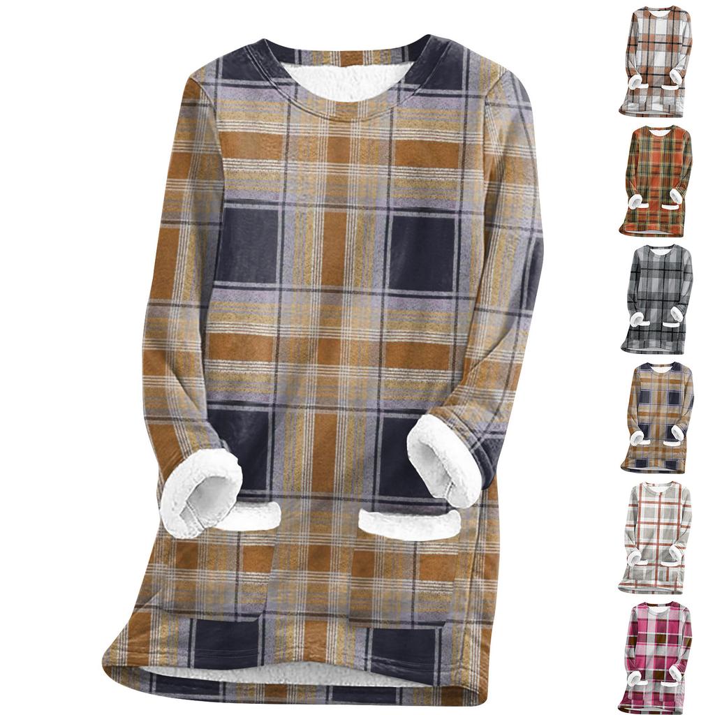 Women's Fashion Plaid Print Round Neck Long Sleeve Plush Winter Warm Pullover Top