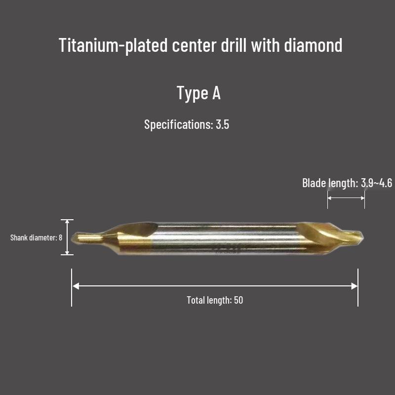 Cobalt-Coated Titanium Spiral Center Drill, Extended High-Speed Steel, Type A & B, Fully Ground Stainless Steel Locating Point