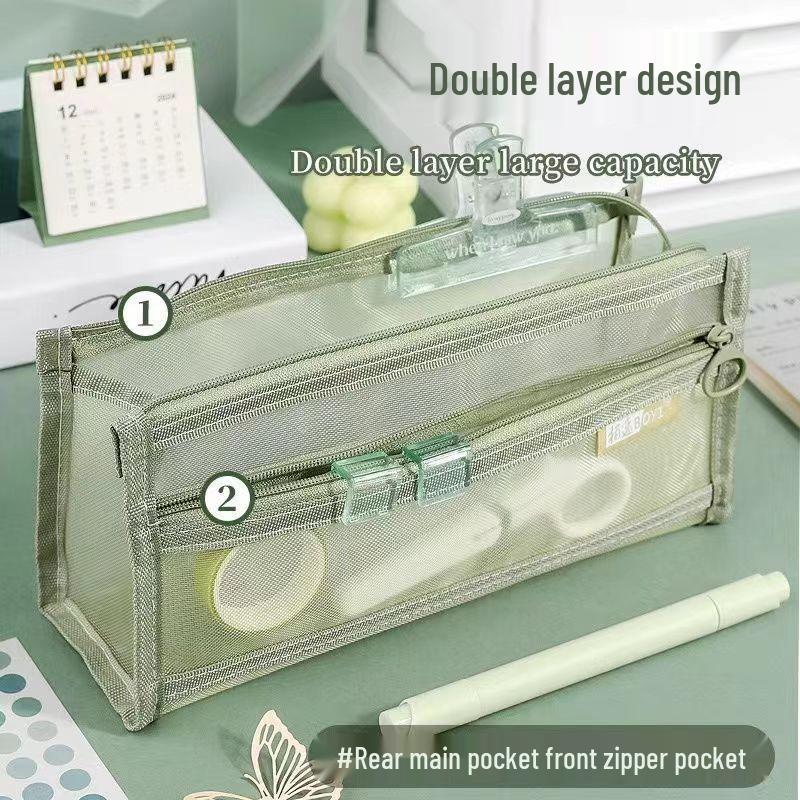 Double-Layer Transparent Pencil Case with Large Capacity for Students