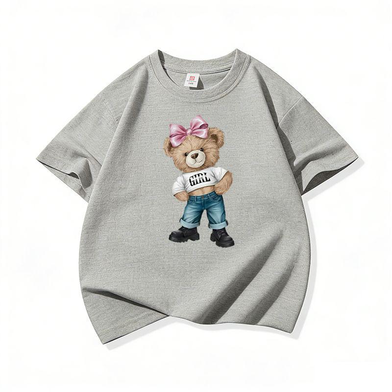 Girl Bear With Pink Bow Graphic Tee Kids Pure Cotton Crew Neck T Shirt Short Sleeve Muticolor Tops For Boys Girls Children