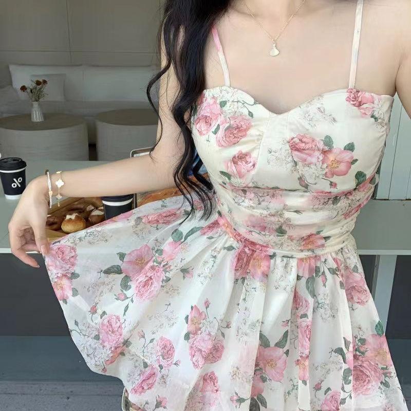 Summer Gentle Wear Women's New Korean Version of Fashion Irregular Floral Suspender A-word Skirt Two-piece Set