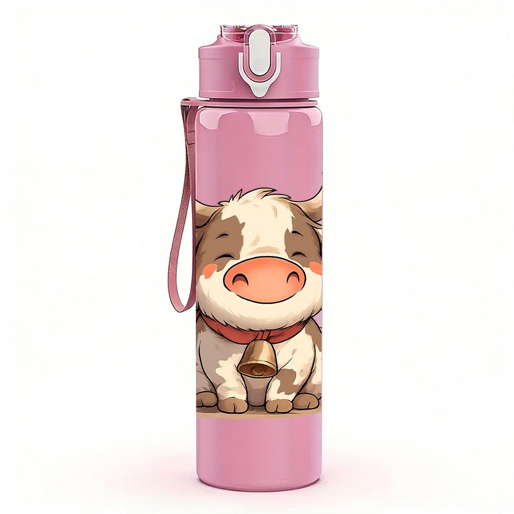 1PC Cartoon Baby Cow 750ml Color Plastic Sports Water Bottle Leakproof Flip Straw Lid Suitable for Sports Office Home Use