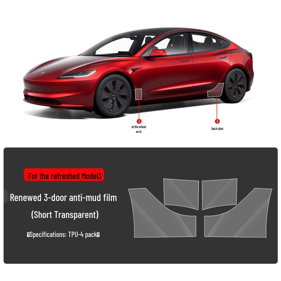 Tesla Model 3/Y TPU Anti-Mud Smoked Film: Headlight, Taillight, Center Pillar, Door Handle Protection.