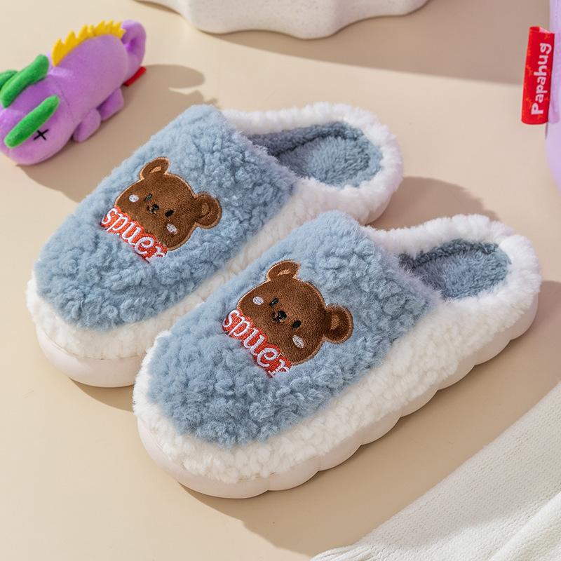 Cartoon cotton slippers women's autumn and winter indoor home hair slippers warm and lightweight home couple confinement shoes