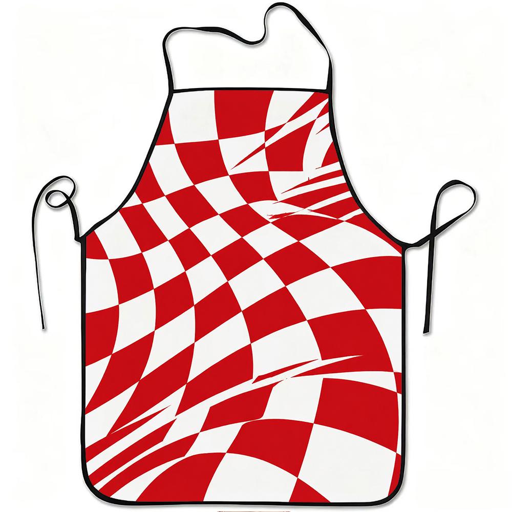 1pc Red And White Wavy Checkerboard Print Apron, Durable And Easy to Clean, Adjustable Waistband, Polyester Material, for Kitchen Cooking, Gardening,