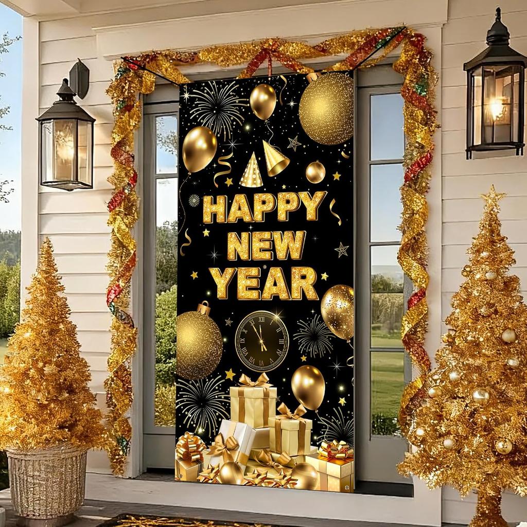 Happy New Year Decorations Hanging Door Cover Banner, 35x73" Welcome 2026 Year Party Door Porch Sign Banner Covers for Home Yard Lawn New Year's