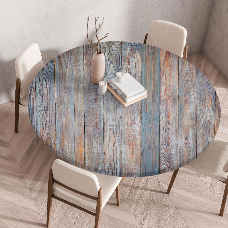 Wooden Patterns Round Table Cover Waterproof Oilproof Stain-Resistant Print Elastic Tablecloth for Kitchen Home Dustproof Decor