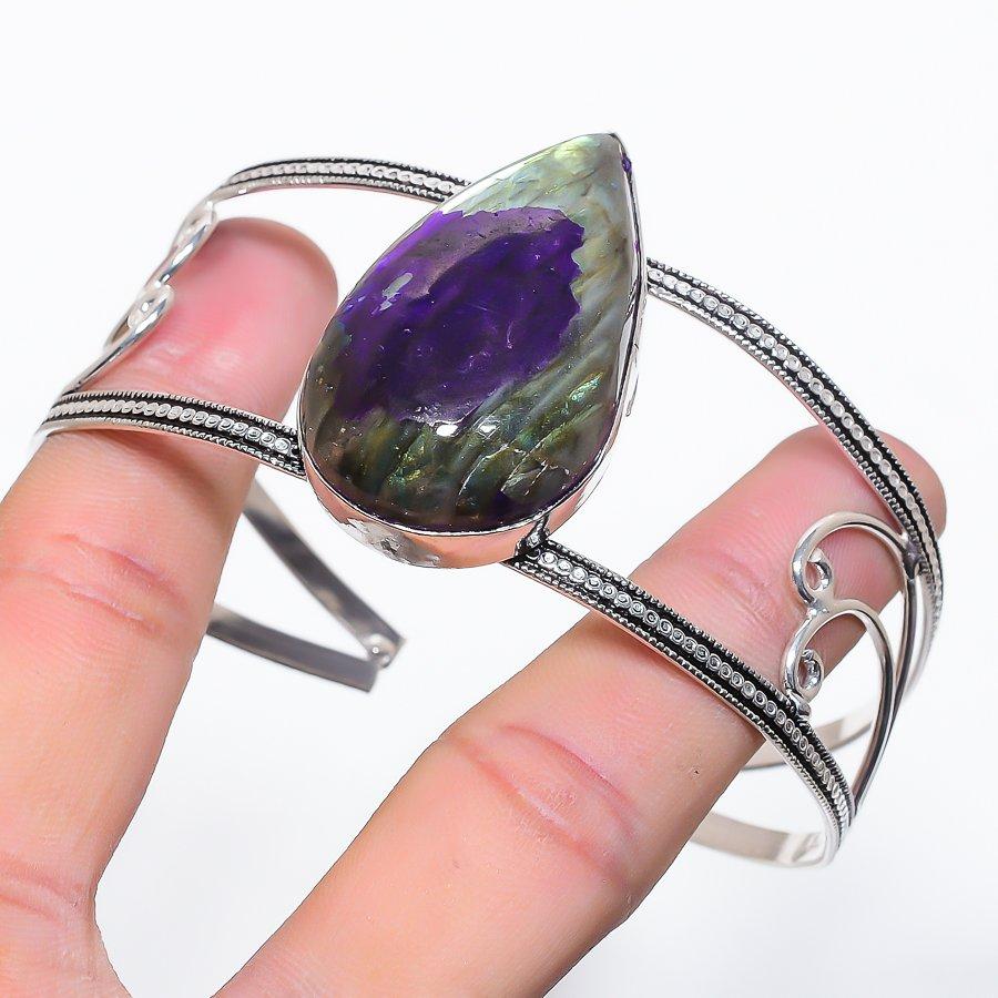 

Natural Labradorite Gemstone 925 Sterling Silver Cuff Bangle Adjustable j9f60