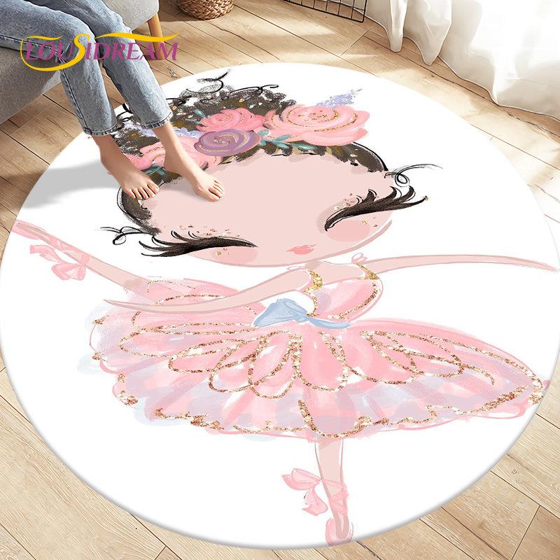 Cute Ballet Girl Ballerina Cartoon Round Area Rug,Carpet for Living Room Bedroom Sofa Playroom Decor,kid Play Non-slip Floor Mat