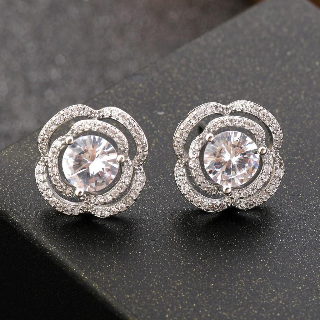 Elegant Korean Rhinestone & Black Crystal Stud Earrings, S925 Sterling Silver