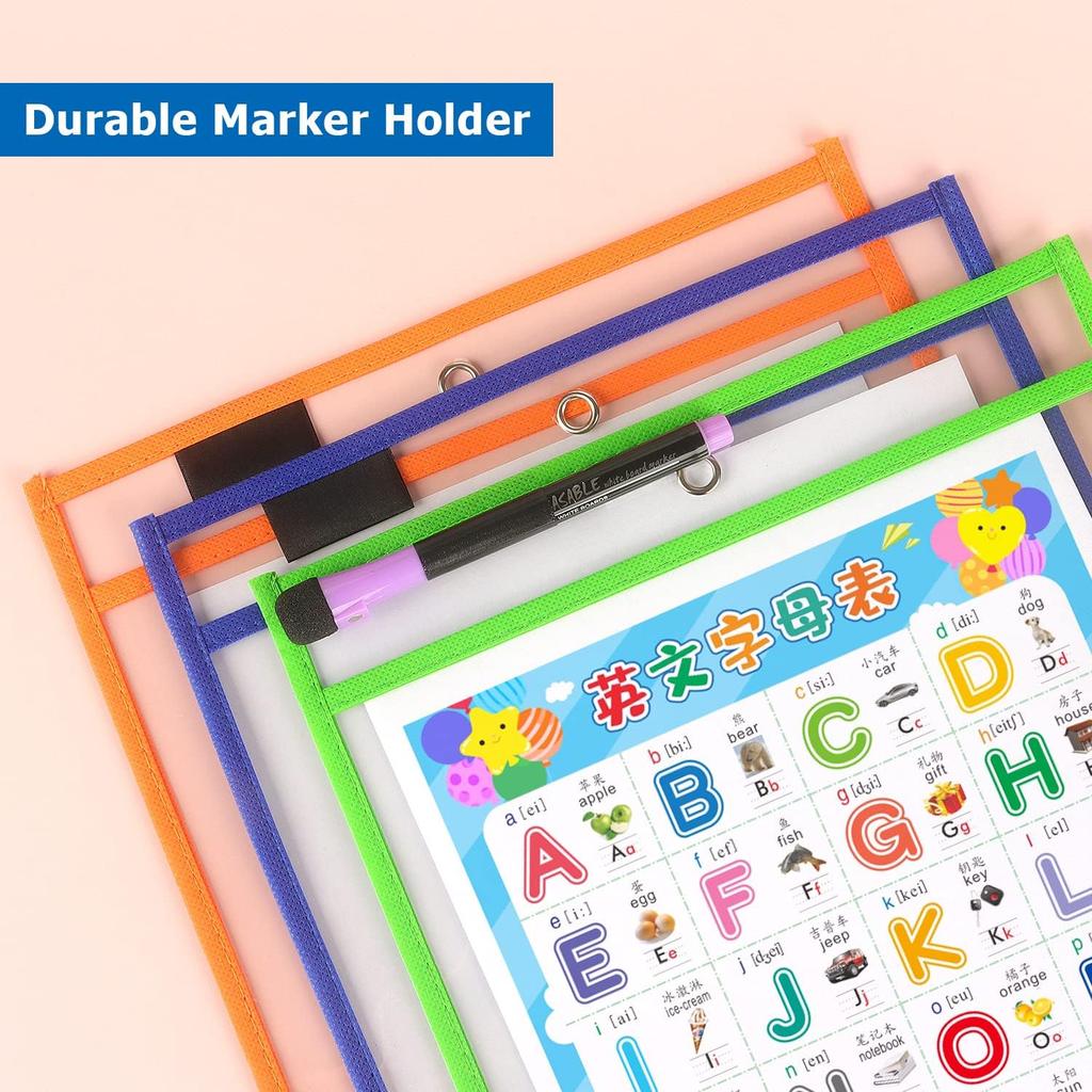 Tamaki 8 Pack Dry Erase Pockets Sleeves with Rings, 10 x 14 Inch Ticket Holders Clear Plastic Sheet Protectors for Teacher Classroom Supplies, 8