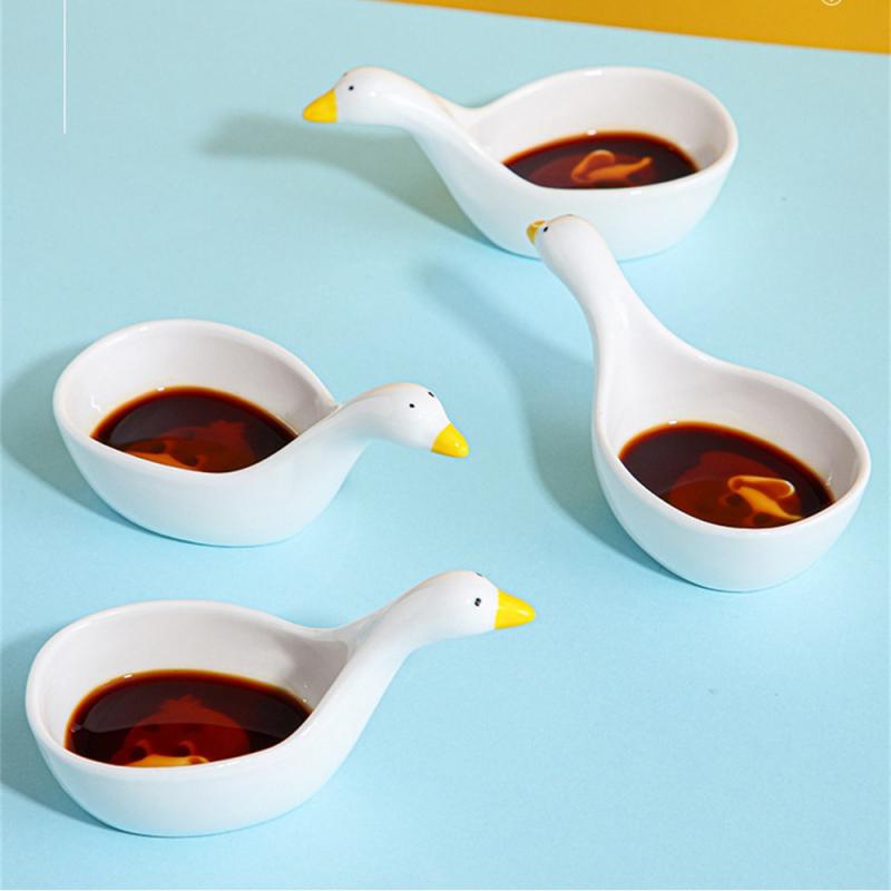 Student Dish Cartoon Household Flavor 11x5.5x5.5cm High Quality Household Tools Soy Sauce Dish Swan Embossed White Ceramic