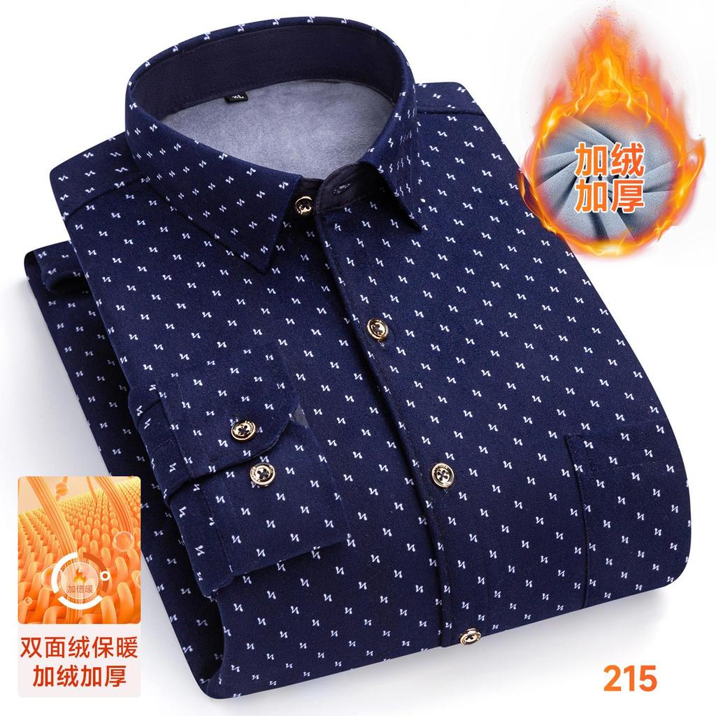 Thickened Long Sleeve Men's Shirt Winter Warm Elastic Fleece Lined One Piece Velvet Plaid Dad Clothes Middle Age Shirt