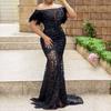 Women Wedding Bride Bridesmaids Elegant Off Shoulder Lace Sequins Short Sleeves Maxi Long Dress Party Ball Gown