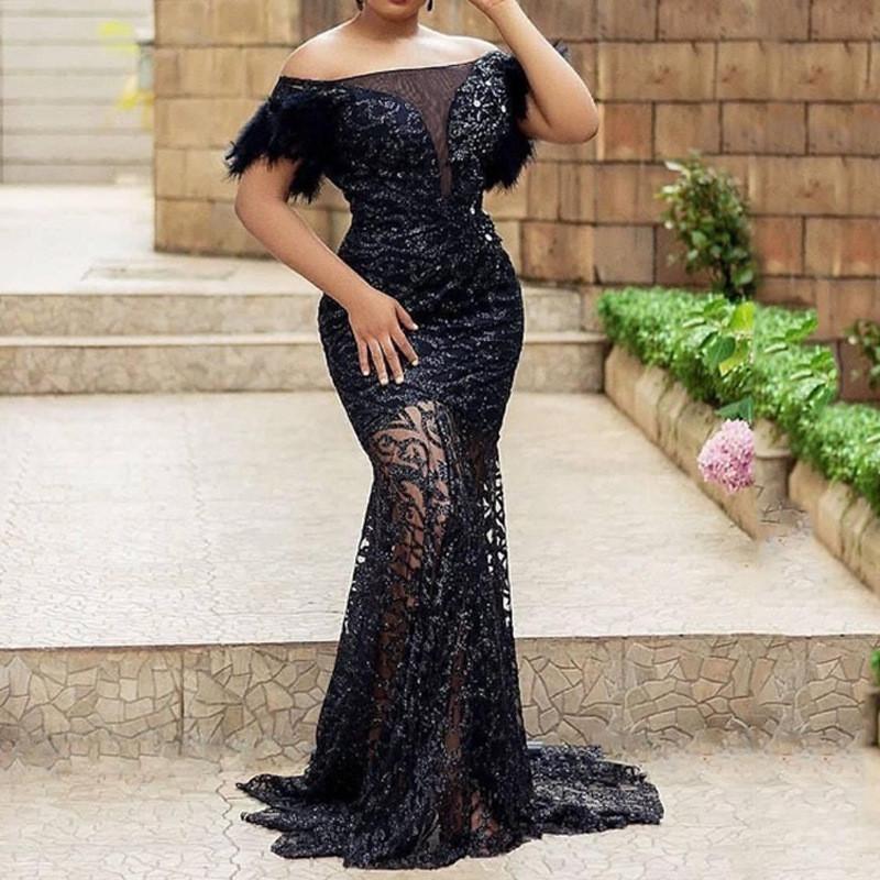 Women Wedding Bride Bridesmaids Elegant Off Shoulder Lace Sequins Short Sleeves Maxi Long Dress Party Ball Gown
