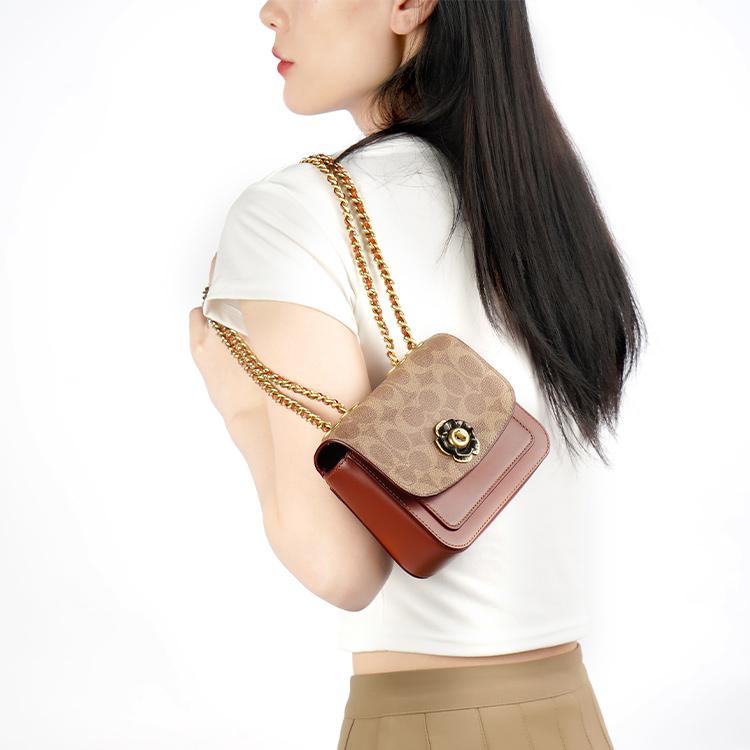 Coach Madison 16 Camellia Turnlock Signature Logo Color Block Small Leather Shoulder Bag Women Shoulder Bag Brown Multicolor C0829-B4NQ4