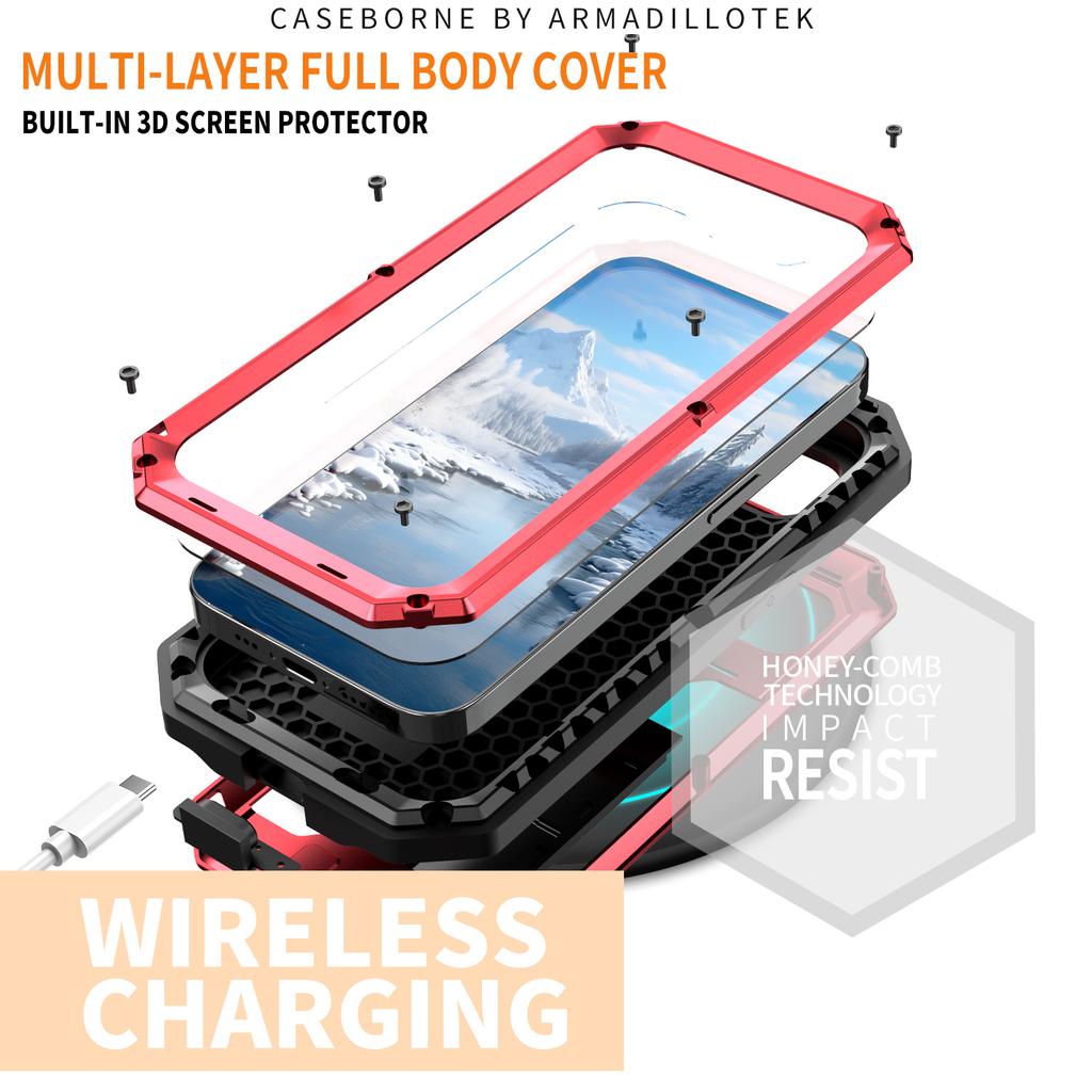 R-JUST For iPhone 16e Case PC+Silicone+Metal Back Cover with Tempered Glass Film