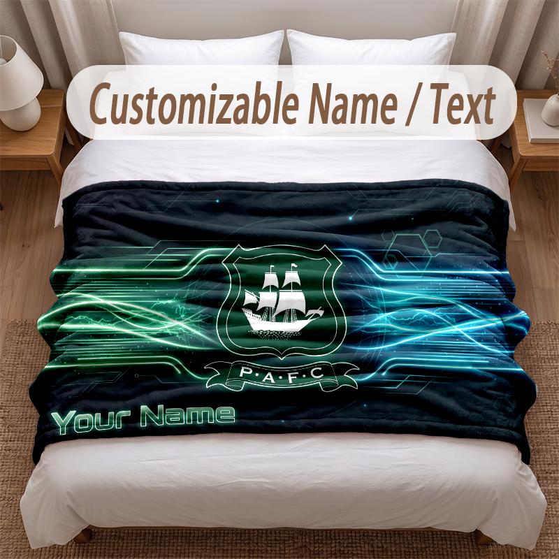 Plymouth Argyle FC Printed Flannel Blanket Custom Name Text Soft Warm Throw For Bedroom Holiday Gift
