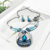 Women Fashion Water-drop Faux Sapphire Dangle Ear Studs Necklace Jewelry Set