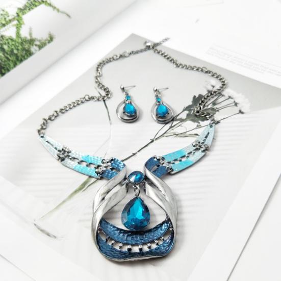 Women Fashion Water-drop Faux Sapphire Dangle Ear Studs Necklace Jewelry Set
