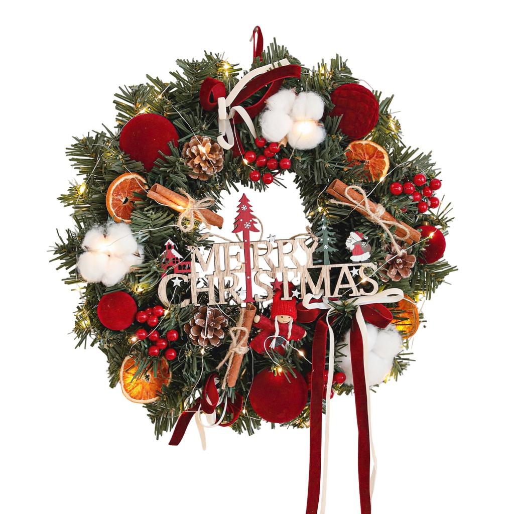 Artificial Christmas Wreath with Red Ornaments, Velvet, Dried and Flowers, Holiday Front Door Hanging Decor