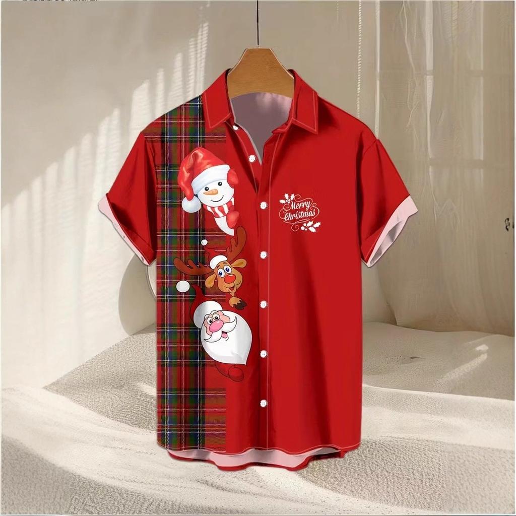Autumn and Winter Men's Short Sleeved Shirt New Year's Christmas Pattern Digital Printed Shirt Top Men's Casual Shirt