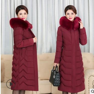 Women's Hooded Long Puffer Jacket Faux Fur Collar Chevron Quilted Zip Up Winter Warm Coat