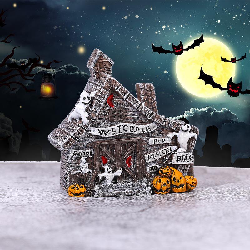 Halloween Spooky Haunted House Resin Figurine With Ghost Pumpkin Details Mini Ornament For Diy Micro Landscape Desktop Decor