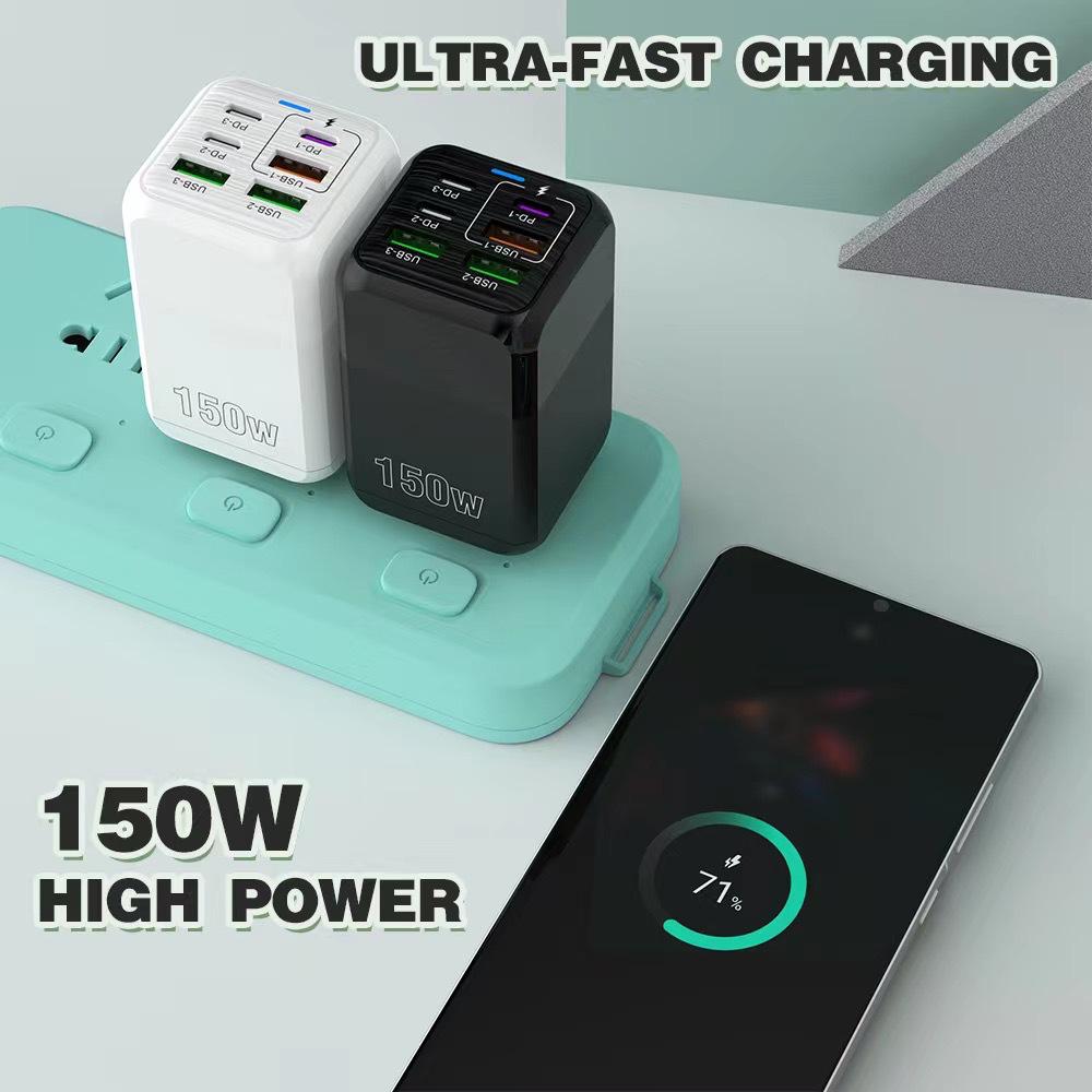 150W 6-in-1 Multi-port Fast Charger: 3 USB + 3 PD Ports, 5V 3.1A