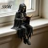Unique Book Holder Sitting Skeleton Bookend Ornament, Matte Black Dark Hooded Figure Elegant Bookshelf Ornament for Desktop Study Room, Industrial