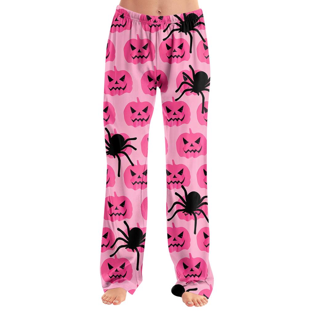 Damen Halloween Print Schlafanzughose, Lockere Casual Schlafhose für Zuhause, Ohne Kordelzug