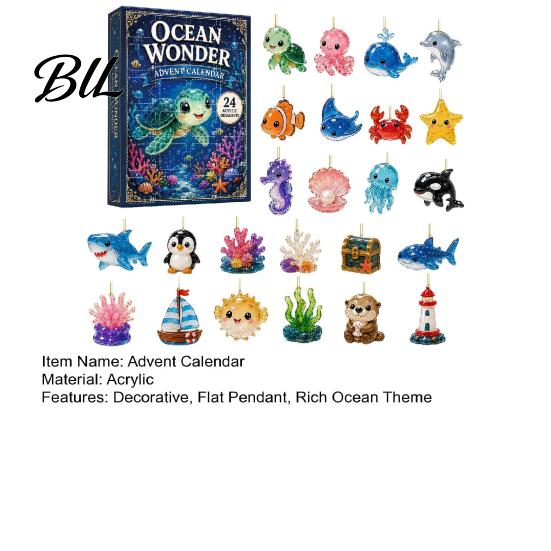 Sea Creature Hanging Ornaments Ocean Advent Calendars 2026, Marine Themed 24 Days Christmas Countdown Calendar, Calendar for Girls Boys 2D Acrylic