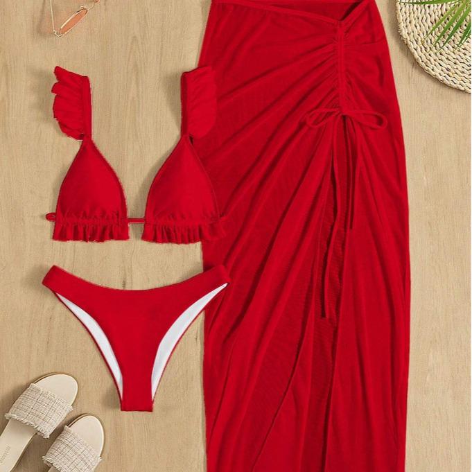 2024 European-American Bikini Three-Piece Set: Sunscreen Mesh Skirt Vacation Swimsuit