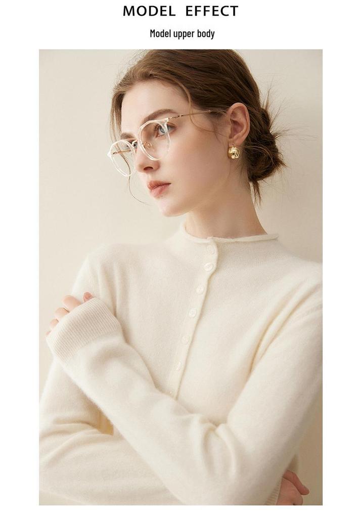 Women's Autumn/Winter 2026 Pure Cashmere Single-Breasted Cardigan - Half-High Neck, Rolled Edge, Gentle Style Base Layer