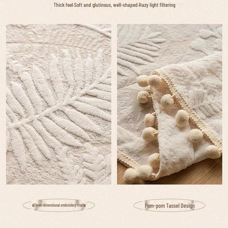 SEE KEAN Soft Fabric Cabinet Curtain, Off-White with Green Pom-Pom Tassels