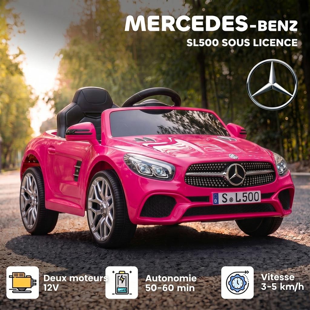 Elektrisches Kinderfahrzeug, 12V, Mercedes-Benz SL500, 3-5 km/h, 2 Motoren, Fernbedienung, Alter 3-5, Pink